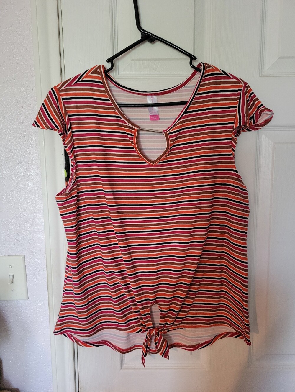 No Boundaries Striped Tie-Front Keyhole Top in Red, White, Black